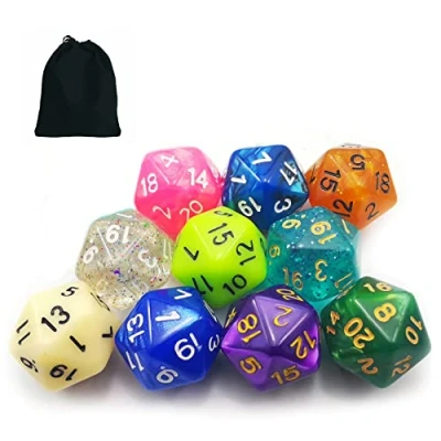 Bild av Bescon dice 10 st set of 20 sided (nummer 1 räkna slumpmässigt multieffektivt och färgat paket med D20 i dragstångspåse