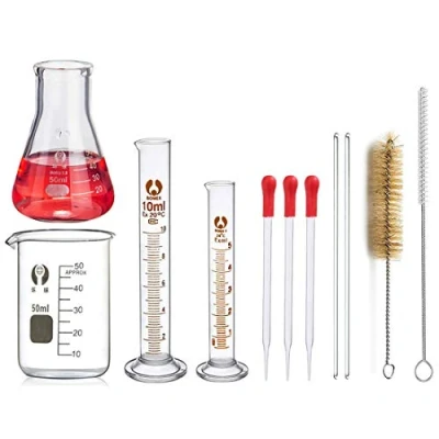Bild av Erlenmeyer glasflaskor, JESSTOLO 50 ml konisk glasflaska, glasbägare, 10 ml/5 graderad cylinder, 2 rengöringsborstar, 3 glasrör och glasomrörare