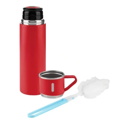 Bild av GRÄWE Vakuumflaska 450 ml, drickflaska, vakuumisolerad termosflaska med mugg och vridlås, läckagesäker, diskmaskinssäker, mattröd