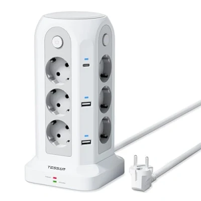 Bild av TESSAN 12 grenuttag med 4 USB A och 2 C, förlängningskabel flera kontakter, m, strömbrytare för hemmakontor, svart