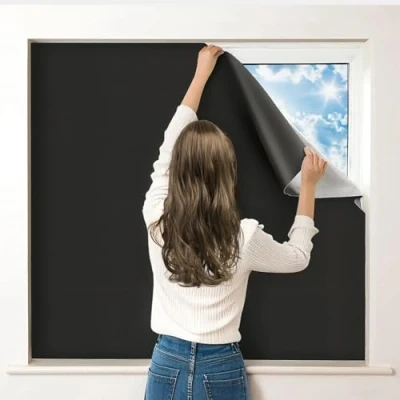 Bild av Mörkläggningsgardiner 300 x 145 cm, 100 % mörkläggningsgardin för fönster, bärbar sovrum, skuren till valfri storlek, svart ut barnkammarpersienner babyresor tillfällig
