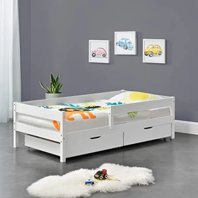 Bild av Barnsäng Juniorsäng Sängstomme med Sängskydd 2 Lådor Furu Vit 200x90cm