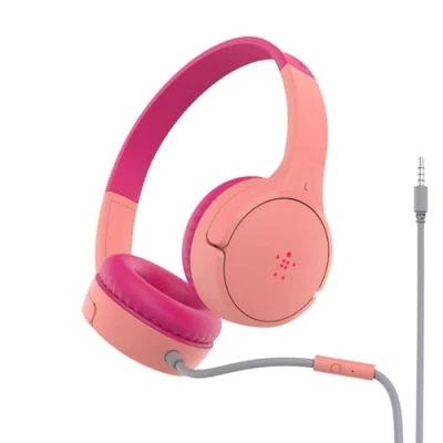 Bild av Belkin SoundForm Mini kabelanslutna hörlurar för barn, utanpåliggande headset barn med inbyggd mikrofon online utbildning, skola, resor, lek, enheter 3,5 mm anslutning Rosa