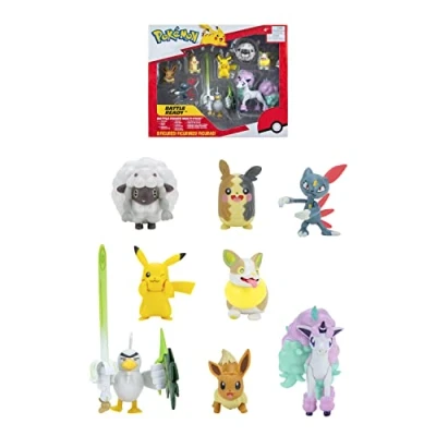 Bild av Pokémon Bandai 8 stridsfigurer Pikachu, Eevee, Moumouton (Wooloo), Fariller (Sneasel), Voltoutou (Yamper), Palarticho (Sirfetch&#039;d), Ponyta (Ponyta), Morpeko PKW0185