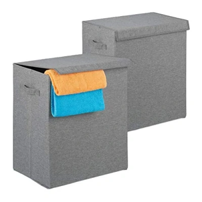 Bild av Relaxdays tvättkorg set om 2, vikbar med lock, bärbar, 61 L, 50,5 x 45 30,5 cm, grå