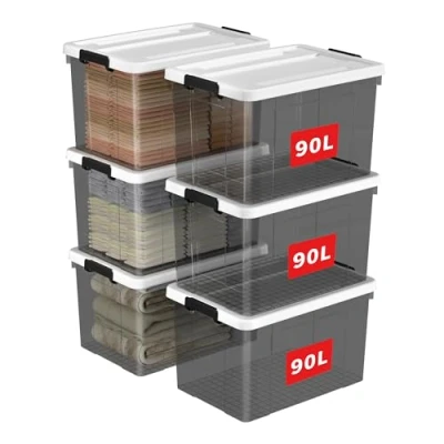 Bild av Cetomo 90 L x 6 plastförvaringsbox, tyglåda, organiseringsbehållare med hållbart lock och säkra spärrspännen, stapelbar kapbar, pack, transparent svart spänne