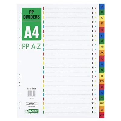 Bild av D.RECT Register för A4, PP A Z PPAZ, separationsblad, ringboksregister, flikar med nummeravtryck Z, flerfärgad, färgsavskiljare av PP, polypropylen
