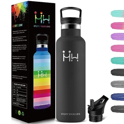 Bild av HoneyHolly Termosflaska, 500 ml BPA fri, vattenflaska i rostfritt stål, läckagesäker vakuumflaska, dubbelväggig, termoskanna, med sugrör, lämplig för kolsyra