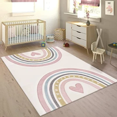 Bild av Barnens Matta Barnrum Regnbåge Hjärtat 3D Beige Grädde, Storlek:80x150 cm