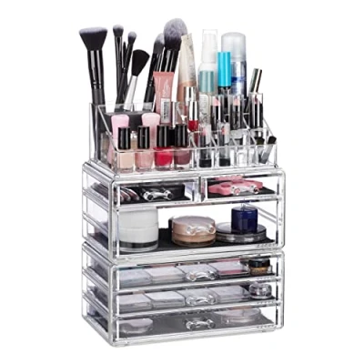 Bild av Relaxdays, Transparent kosmetisk organiserare med 6 lådor, 22 fack makeupsorganisering, akryl sminkförvaring standard