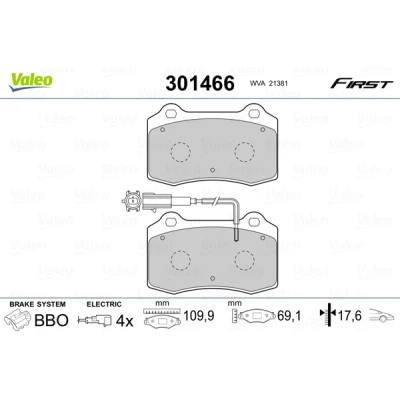 Bild av VALEO 301466 Jeu de plaquettes frein FIRST Essieu avant contact signal d&#039;usure inclus sans tôle anti bruit PEUGEOT: 406 Coupe