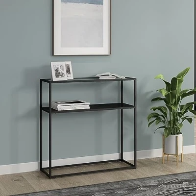 Bild av [en.casa] Konsolbord Kuhmo med glasbord sidobord hylla hallbord smal stående förvaringsbord hallmöbler industriell design 80 x 30 cm för farstum, vardagsrum metall svart