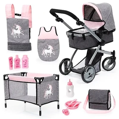 Bild av Bayer Design 18333AC Combi Doll&#039;s Pram Mega Set med massor av tillbehör i grå/rosa enhörning