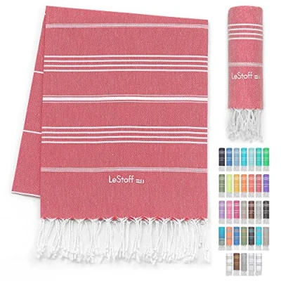 Bild av LeStoff den traditionella hamamhandduken Strandhandduk Badhandduk Bastuhandduk Duschhandduk Spa Sport Yoga Resor 100% Ekologisk Bomull Förtvättad Det hållbara alternativet till frotté. (95 x 180 cm, Red)