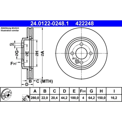 Bild av ATE 24.0122 0248.1 Disque de frein 280,0 22,0 4 100,0 ventilé revêtu à haute teneur en carbone MINI: 3/5 portes, Clubman, Cabriolet