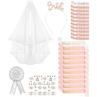 Bild av Jissta 27PCS Bride to Be och Team sash dekoration, kvinnor möhippa set med slöja, tiara, sash, armband, märke tatueringar, Jga tillbehör