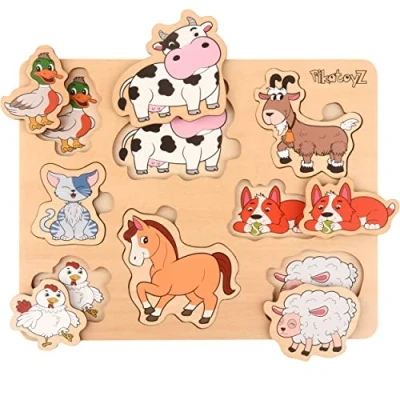 Bild av PikatoyZ Barnens leksak 1 2 3 år. Pedagogiskt barnspel bestående av Montessori Farm Animals Puzzle. Perfekt som jul eller födelsedagspresent. Träpussel för baby, pojke flicka