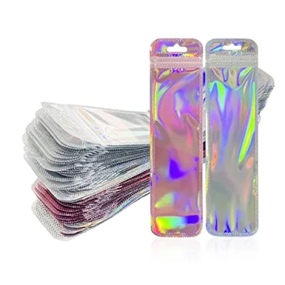 Bild av 100 st förvaringsväska, holografiska förpackningspåsar, foliepåsar, återförslutningsbara ziplock påsar för matförvaring (5,5 x 22 cm).