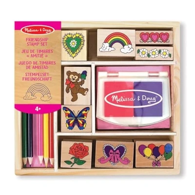Bild av Melissa &amp; Doug Frimärksset i trä vänskap, stämplar, present till flickor och pojkar, 9 frimärken, bläckstämpel, 5 pennor, kreativ leksak, hobby, för pojkar 3, 4, 5, 6, 7 år