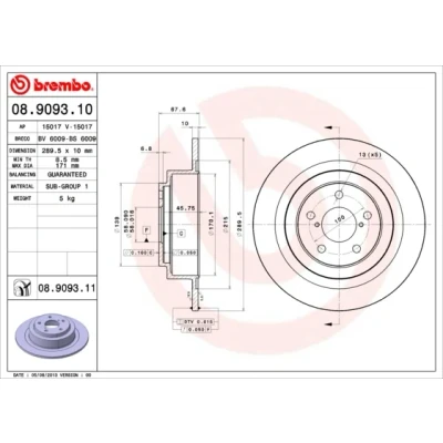 Bild av BREMBO COATED DISC LINE 08.9093.11 Disque de frein 290 10 5 plein revêtu SUBARU: Outback II, Legacy 3, 3 Limousine