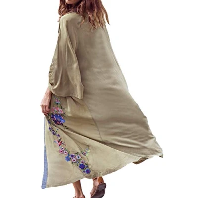 Bild av YouKD Lång kaftan för kvinnor, maxiklänning, bohemisk strandrock, täckande plagg baddräkt, strandplagg, Marinblått 1, en storlek
