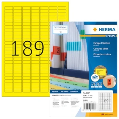 Bild av HERMA 4237 färgade etiketter A4 (25,4 x 10 mm, 100 ark, papper, matt) självhäftande, utskrivbara, permanenta färgetiketter, 18 900 klistermärken, gul