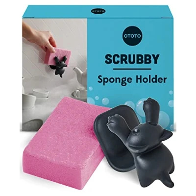 Bild av OTOTO Scrubby svamphållare för diskbänk grå katt kök diskmaskinssäker disksvamp organisatör rostfri 9,9 x 7,9 cm
