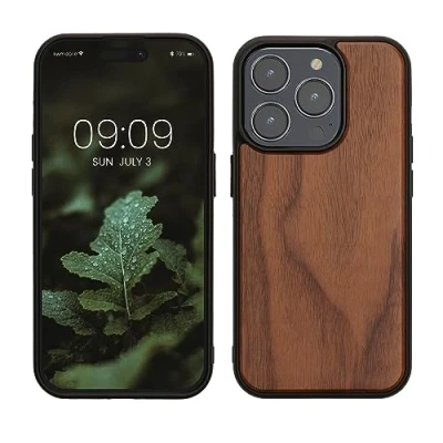 Bild av kwmobile fodral kompatibelt med iPhone 15 Pro träfodral stötsäkert mobilskal TPU i mörkbrun