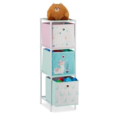 Bild av Relaxdays Barnhylla med 3 lådor, leksaksförvaringsstativ, för pojkar och flickor, söt lama design, färgglad, fleece, järn, plast, 89 x 27,5 30 cm