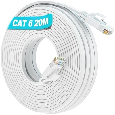 Bild av Cat 6 Ethernet Kabel 20m Platt, Internetkabel Höghastighets Gigabit Ultra Tunn LAN vit Patchkabel Lång Nätverkskabel 20 Meter RJ45 Kompatibel Med Cat5/Cat5e för Modem Router
