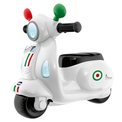 Bild av Chicco Motorcykel rutschkana för barn Vespa Primavera, barnfordon med elektronisk kontrollpanel, ljus och ljud, avtagbara stödhjul, max 25 kg, barnleksaker från 13 år