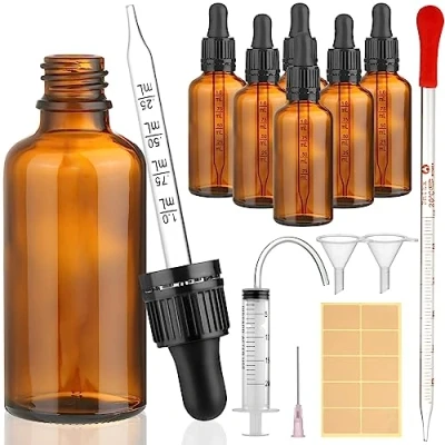 Bild av modacraft 6 st 50 ml pipettflaska med hjälptillbehör, flaska pipett brunt glasflaska apoteksflaska droppflaska för vätska, eterisk olja, parfymoljor, aromaterapi, flytande färgämnen