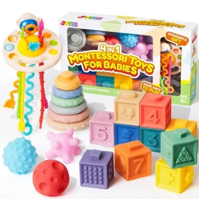 Bild av JOYIN 4 i 1 Montessori babyleksak från 612 månader, stapelblock, sensoriska snör dragleksak, babyleksak, stapelspel, leksaker, bebisgåva 2 3 år