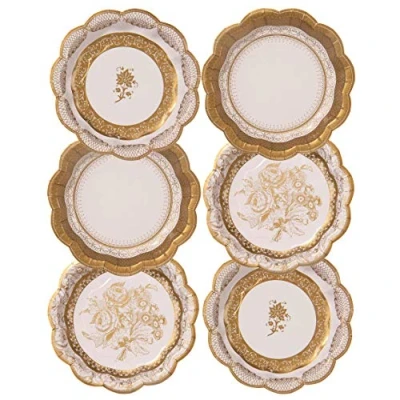 Bild av Förpackning med 12 guld vintage porslin stil små papper party desserttallrikar 3 mönster unika, glamorösa, engångs för bröllop, jubileum, eftermiddagste, födelsedag, tillfälle, fest