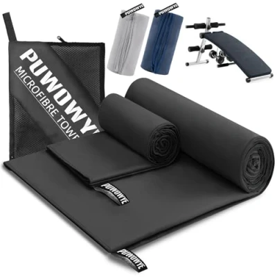 Bild av PUWOWYE Mikrofiberhandduk set om 2, 160 x 80 cm stor badhandduk 40 liten handduk, snabbtorkande mikrofiberhanddukar för sport, fitness, bastu, strand, resor och utomhus, svart