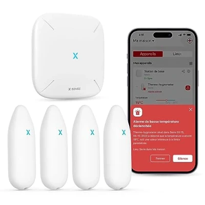Bild av X Sense WLAN hygrometer termometer inomhus, temperatur och fuktighetsövervakning via app, 500 m räckvidd, gratis dataexport, kompatibel med Alexa, 4 sensorer 1 basstation SBS50