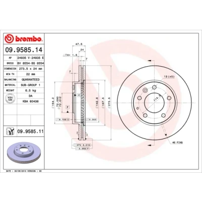 Bild av BREMBO COATED DISC LINE 09.9585.11 Disque de frein 274 24 5 ventilé l&#039;intérieur revêtu MAZDA: 6 portes, Berline, Premacy
