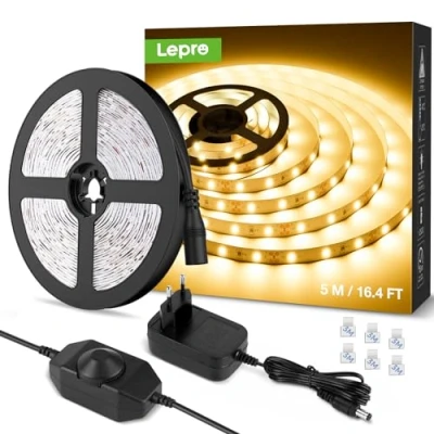 Bild av Lepro LED remsa 5 m, varmvit 3 000 K, dimbar, remsa, varmvit, 300 lysdioder, 12 V, självhäftande, IP20 band, flexibel gör det själv list, ljusbandskedja med strömförsörjning för