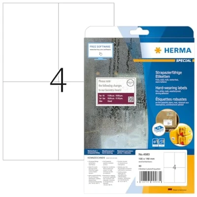 Bild av HERMA 4583 väderbeständiga folieetiketter A4 (105 x 148 mm, 10 ark, polyesterfolie, matt) självhäftande, utskrivbara, extremt stark häftande filmetiketter, 40 klistermärken, vit