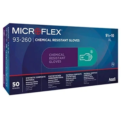 Bild av Ansell Microflex 93 260 engångshandskar Kemiskt skydd, vätske och lösningsmedelsskydd, patenterad ultraresistent formulering, flexibel bekväm, lång manschett, grön, storlek L (50 Handskar)