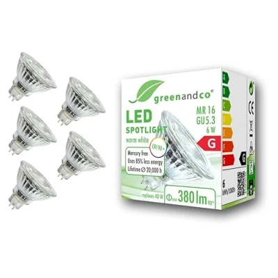 Bild av 5x greenandco CRI 90+ 3000K 36 LED spot ersätter 40W GU5.3 MR16 halogenstrålkastare, 6W 380lm varmvit 12V AC/DC, flimmerfri, inte dimbar