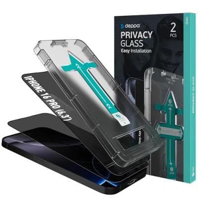 Bild av Deppa [2 pack] Privacy Screen Protector för iPhone 16 Pro (6,3&#039;) Skärmskydd Härdat Glas Full Täckning med Enkel Installationsbricka Anti Spy, Privat, Mörk, Svart Film (Videoguide)