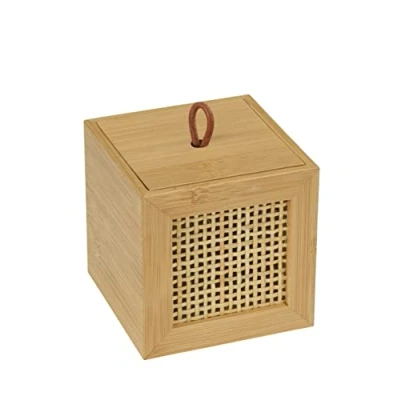 Bild av WENKO Badrumslåda Allegre S, dekorativ låda med lock i trendig boho stil av högkvalitativ bambu och rottingfläta, för förvaring badrumstillbehör eller tillbehör, 9 x cm, natur