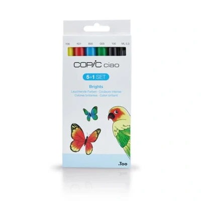 Bild av COPIC Ciao märkpennor 5 + 1 set &quot;ljusa färger&quot;, alkoholbaserade allround layoutmärkpennor med en medelbred och penselspets, inkl. Multiliner 0,3 mm