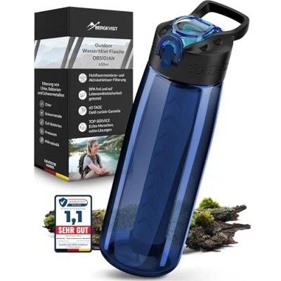 Bild av BERGKVIST® Utomhusvattenfilterflaska OBSIDIAN (650 ml) med kompass drickflaska filter för rent dricksvatten vattenberedning camping, prepper och överlevnadsutrustning (blå)
