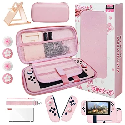 Bild av HLRAO Rosa resetillbehörsset väska kompatibel med Nintendo Switch, Sakura design förvaringsväska fodral, hårt skyddshölje, justerbart stativ, HD glas skärmskydd och tumgrepp.