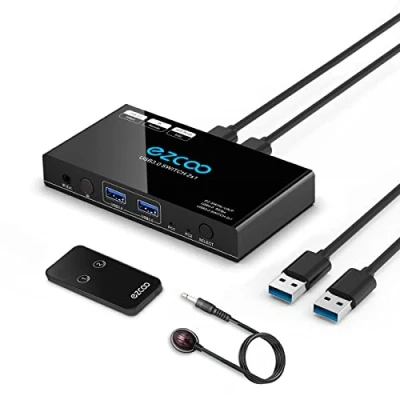 Bild av USB 3.0 switch 2 In 4 Out Delningsswitch IR fjärrkontroll KVM Hub för Mus, Tangentbord, Skanner, Skrivare med st A till kablar