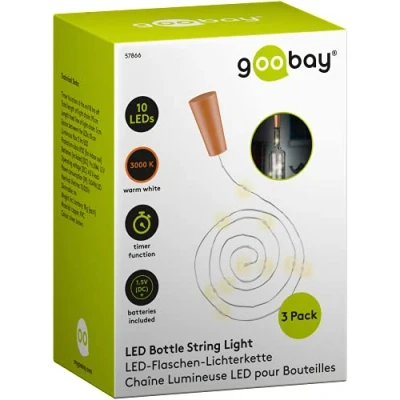 Bild av goobay 57866 3 x 10 LED flaskljuskedja, flaskljus för insättning i flaskor, timerfunktion/timerbrytare, med batterier kork, 1 m, transparent, klar