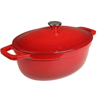 Bild av VeoHome röd emaljerad gjutjärnsgryta, 6L oval, ultrabeständig gryta, induktionskompatibel gas/ugn, homogen matlagning, autentiska smaker, lock präglad