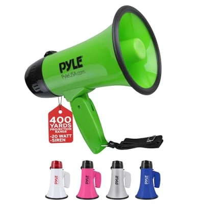 Bild av Pyle PMP22GR bärbar megafonhögtalare sirenbullhorn kompakt och batteridriven med 20 watts effekt, mikrofon, 2 lägen, PA ljud (grön)